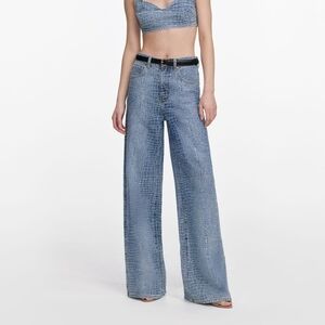 Self-Portrait Rhinestone Croc Effect Wide Leg Jeans